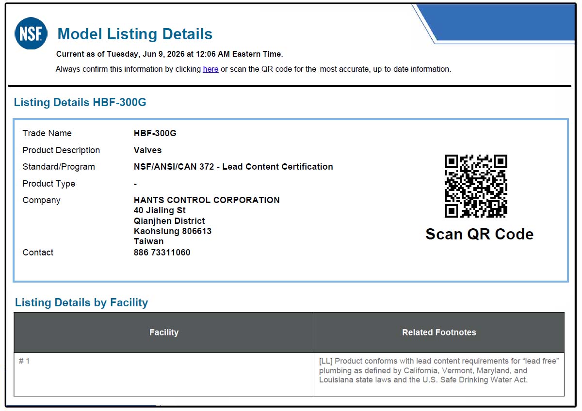 Hants grooved butterfly valve with signal switch certified to NSF/ANSI 372 lead content certification for drinking water system components.