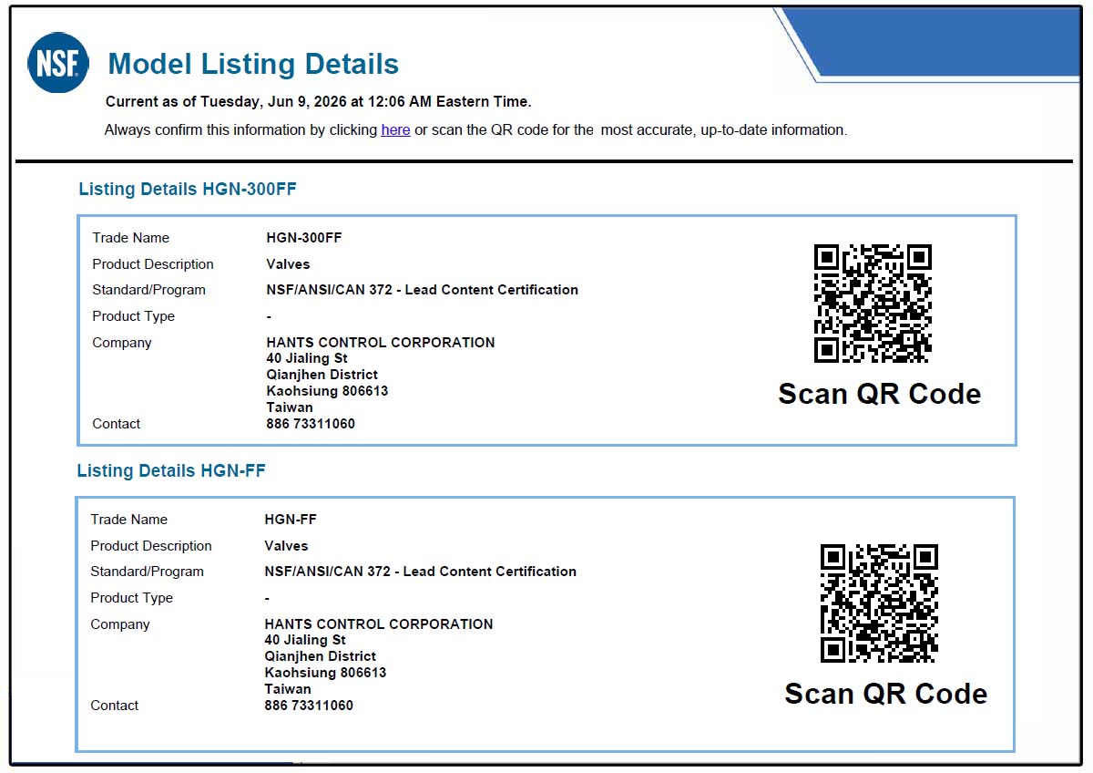 Hants NRS gate valve certified to NSF/ANSI 372 lead content certification for drinking water system components.