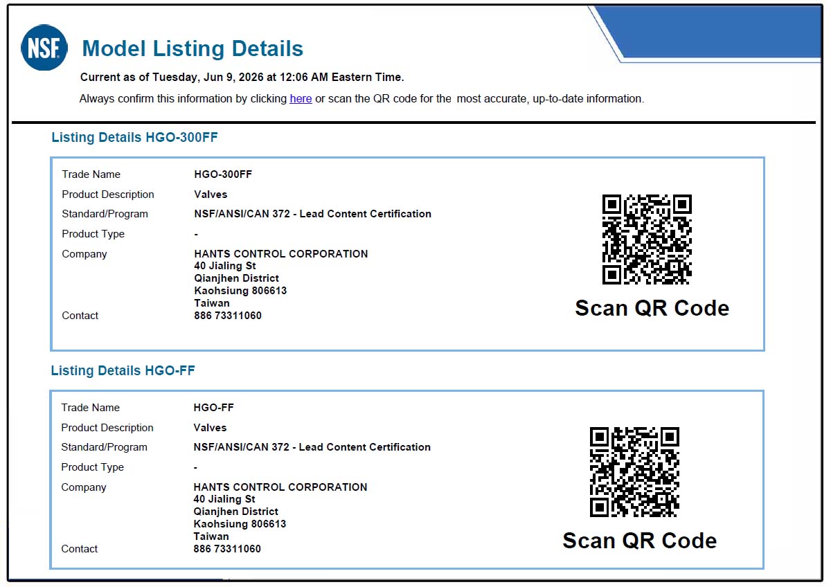 Hants OS&Y gate valve certified to NSF/ANSI 372 lead content certification for drinking water system components.