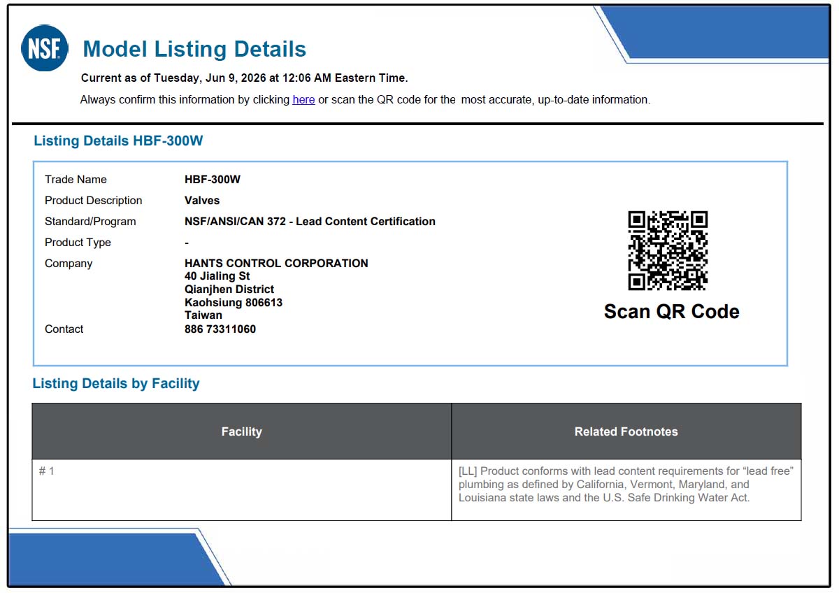 Hants wafer butterfly valve certified to NSF/ANSI 372 lead content certification for drinking water system components.