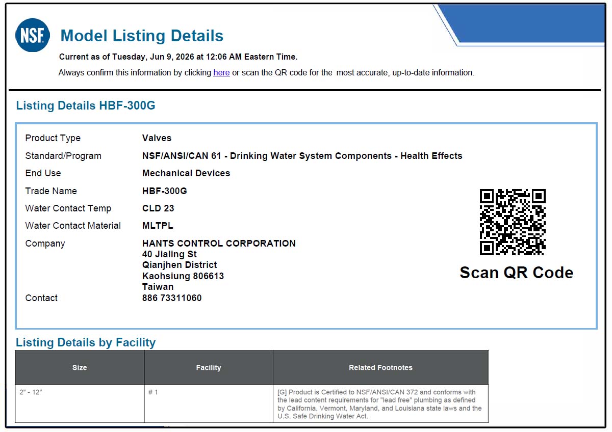 Hants grooved butterfly valve with signal switch certified to NSF/ANSI/CAN 61 health effects certification for drinking water system components.