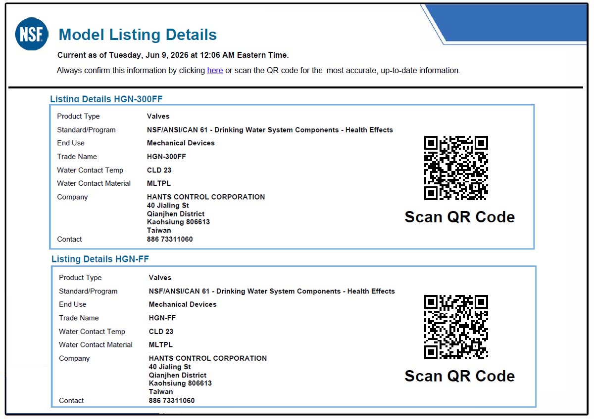 Hants NRS gate valve certified to NSF/ANSI/CAN 61 health effects certification for drinking water system components