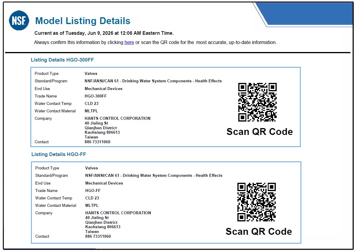 Hants OS&Y gate valve certified to NSF/ANSI/CAN 61 health effects certification for drinking water system components.